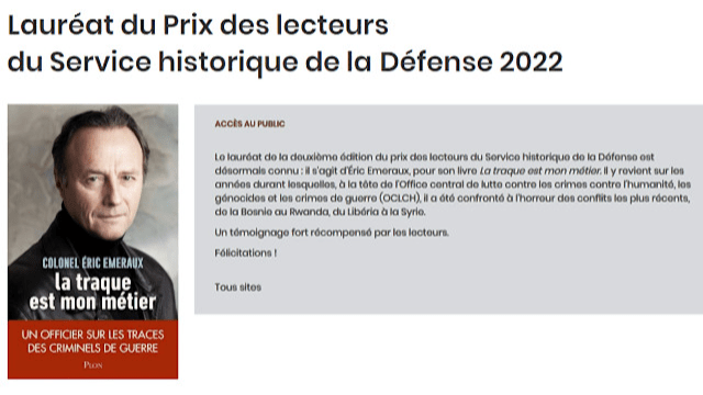 Le colonel (er) Eric EMERAUX reçoit le prix des lecteurs du SHD