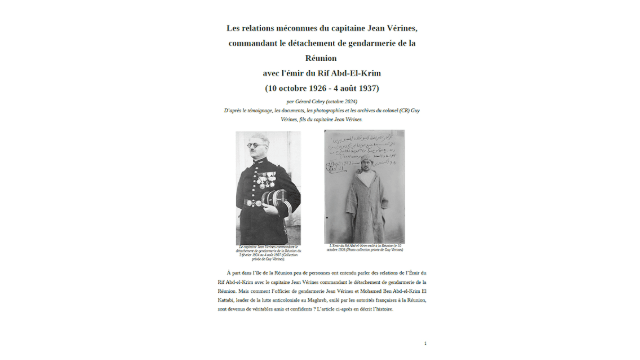 Les relations méconnues du capitaine Jean Vérines, commandant le détachement de gendarmerie de la Réunion avec l'émir du Rif Abd-El-Krim (10 octobre 1926 - 4 août 1937)